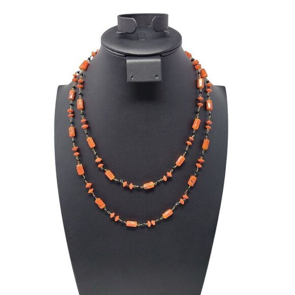 Vintage 30's Art Deco Orange Black Art Glass Chain Linked Flapper Necklace - Picture 12 of 12